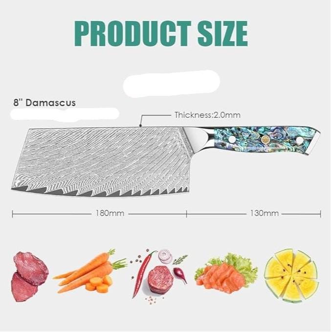 Engraved 7" Damascus VG10 Meat Cleaver Knife Kitchen Culinary Personalized Abalone Shells Professional Premium Home Goods Gift Utility