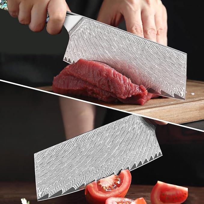 Engraved 7" Damascus VG10 Meat Cleaver Knife Kitchen Culinary Personalized Abalone Shells Professional Premium Home Goods Gift Utility