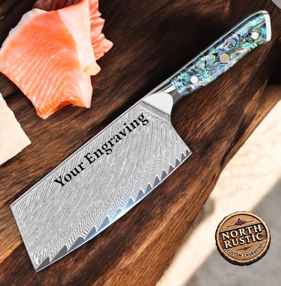 Engraved 7" Damascus VG10 Meat Cleaver Knife Kitchen Culinary Personalized Abalone Shells Professional Premium Home Goods Gift Utility