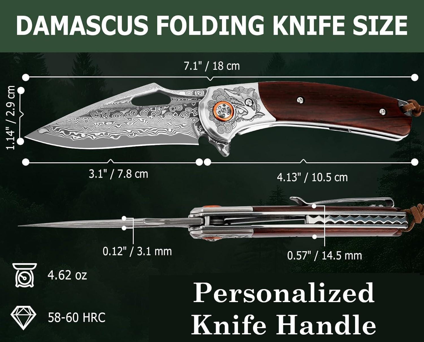 Personalized Damascus Pocket Knife Gift | Engraved Damascus Folding Knife | Custom Rose Wood Handle Knife | Husband Groomsmen Wedding Gift