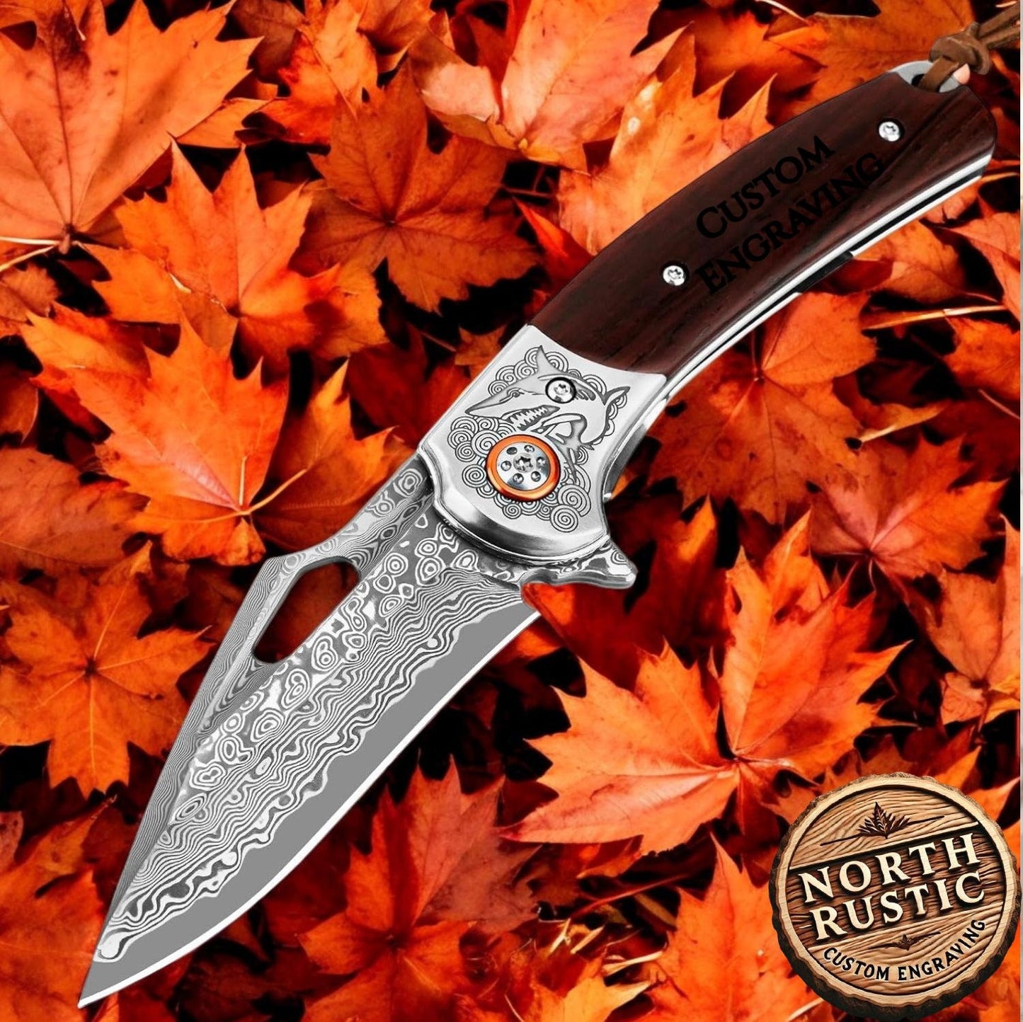 Personalized Damascus Pocket Knife Gift | Engraved Damascus Folding Knife | Custom Rose Wood Handle Knife | Husband Groomsmen Wedding Gift