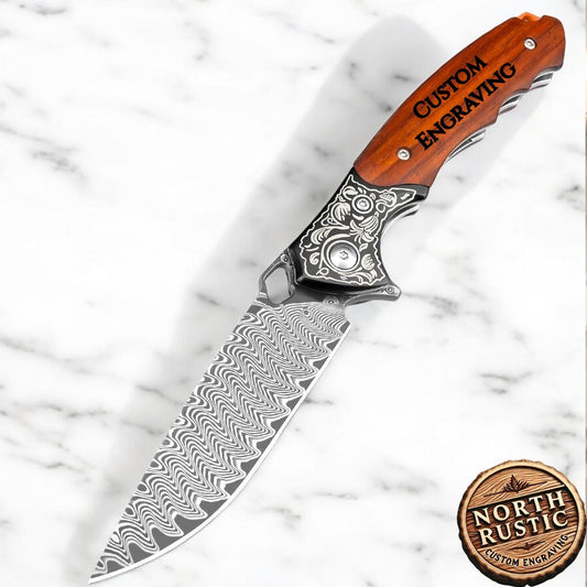 Personalized Rose Wood Handle Folding Knife - Engraved Damascus Pocket Knife - Wedding Groomsmen Gifts Custom Engraving - Anniversary Gift