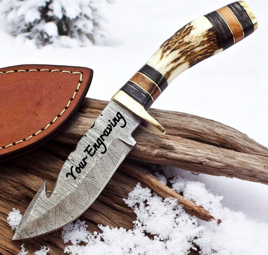 Engraved Damascus Hunting Knife, Personalized Antler Knife, Deer Antler Stag Horn Handle, Custom Engraving Gift Father's Day Gift For Dad