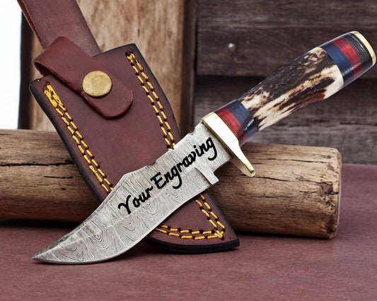 Engraved Damascus Antler Hunting Knife – Custom Personalized Knife – Unique Groomsmen Gift, Fathers Day, Wedding Gifts, Collectible Knife