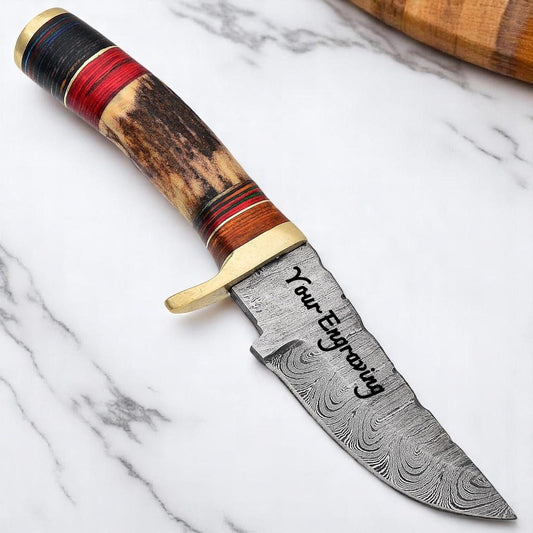 Engraved Damascus Hunting Knife – Antler Stag Horn Personalized Knife – Groomsmen Gift, Fathers Day, Wedding Gifts, Unique Collectible Knife