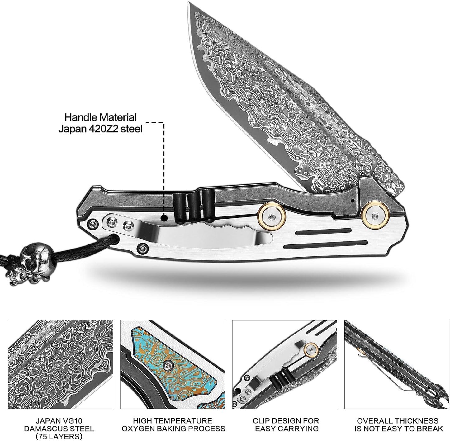 Damascus Pocket Knife Green Alloy Inlay 3.5" Blade