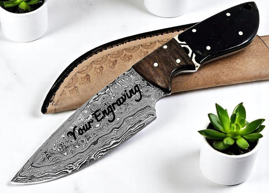 Engraved Damascus Hunting Knife – Rosewood Buffalo Horn Handle Personalized Knife – Groomsmen Gift, Fathers Day, Wedding Gifts, Anniversary