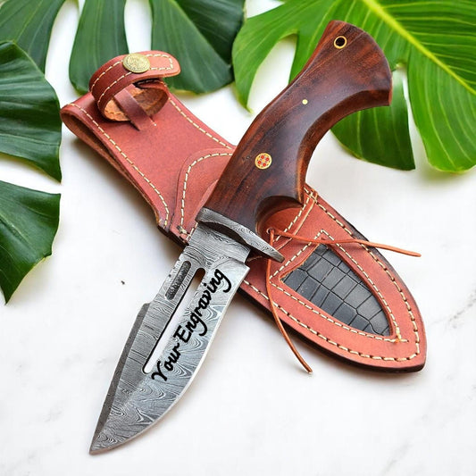 Engraved Damascus Hunting Knife – Rosewood Handle Personalized Knife – Groomsmen Gift, Fathers Day, Wedding Gifts, Husband Anniversary