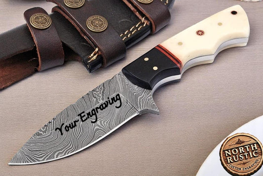 Engraved Damascus Hunting Knife – Buffalo Horn & Bone Handle Personalized Knife – Groomsmen Gift, Fathers Day, Wedding Gifts Husband Present