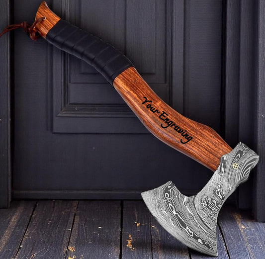 Engraved Damascus Hatchet Viking Axe – Personalized Walnut Wood Handle – Wedding Gifts, Fathers Day, Husband Anniversary, Gift For Him