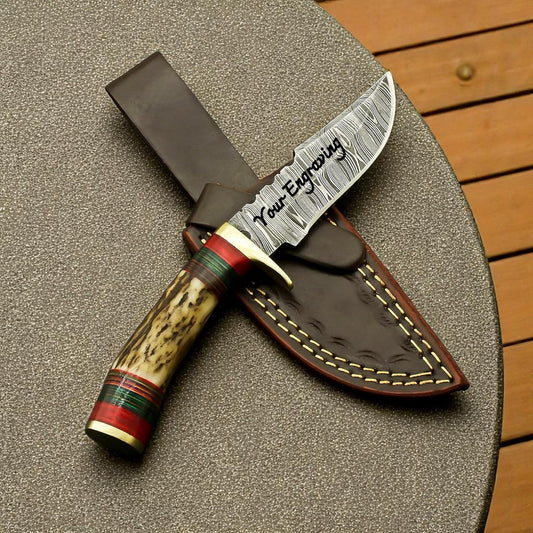 Engraved Damascus Hunting Knife – Custom Antler Stag Horn Personalized Knife – Groomsmen Gift, Fathers Day, Wedding Gifts, Collectible Knife