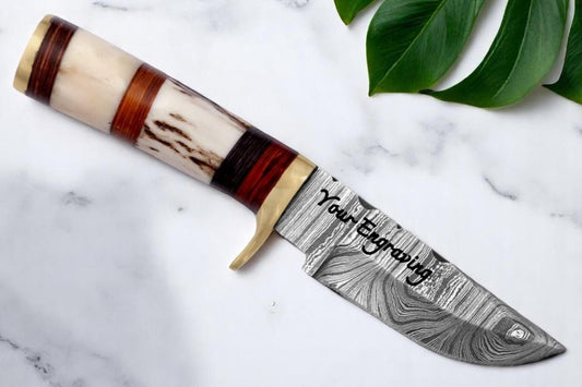 Mini 3"Damascus Hunting Knife Antler Horn Handle