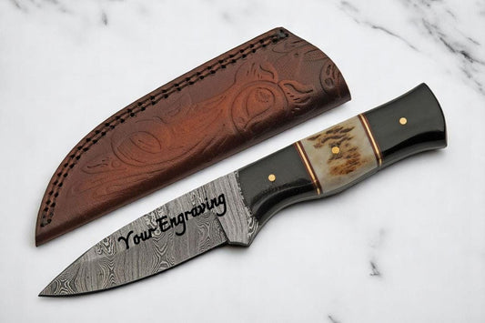 Damascus Hunting Knife Personalized – Antler Stag Horn Handle Engraved Knife – Groomsmen Gift, Fathers Day, Wedding Gifts, Collectible Knife