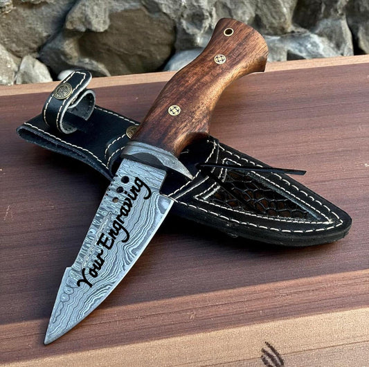 Engraved Damascus Hunting Knife – Rosewood Handle Personalized Knife – Groomsmen Gift, Fathers Day, Wedding Gifts, Unique Collectible Knife