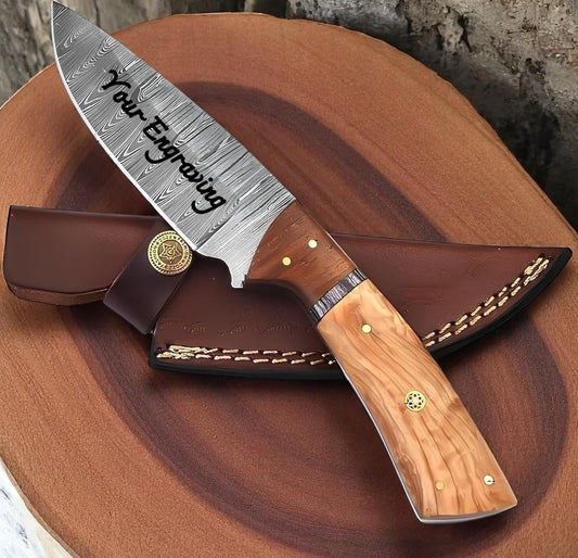 Engraved Damascus Hunting Knife – Olive Wood Handle Personalized Knife – Groomsmen Gift, Fathers Day, Wedding Gifts, Husband Anniversary