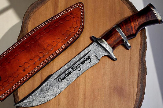 Engraved Damascus Hunting Knife – Rosewood Handle Personalized Knife – Groomsmen Wedding Gifts, Fathers Day Husband Anniversary Gift For Him
