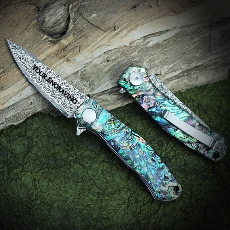 Abalone Shell Handle Damascus Pocket Knife