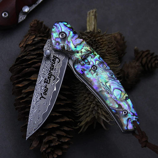 Damascus Pocket Knife Abalone Shell Handle
