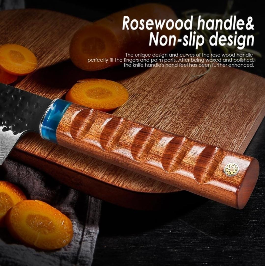 Chef Knife Hammered Damascus 8" Nakiri Knife Engraved Custom Culinary Chef Knives Gifts for Him Her Men Women Gift Cooking Cutlery KL06