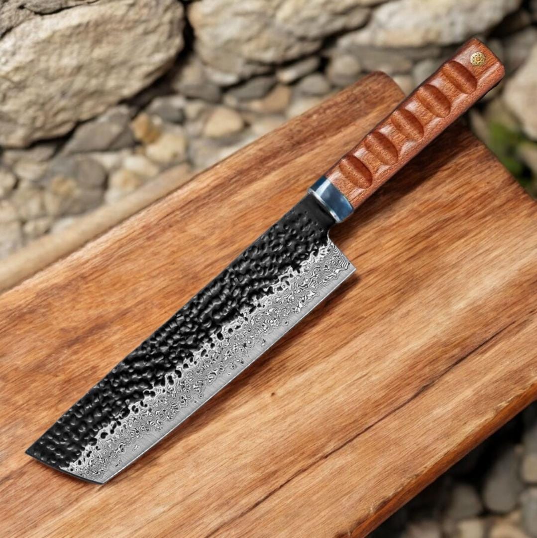 Chef Knife Hammered Damascus 8" Nakiri Knife Engraved Custom Culinary Chef Knives Gifts for Him Her Men Women Gift Cooking Cutlery KL06