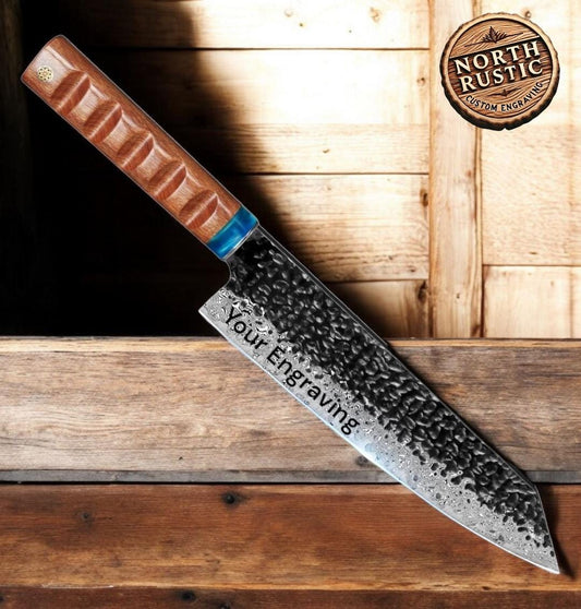 Chef Knife Hammered Damascus 8" Kiritsuke Knife Engraved Custom Culinary Chef Knives Gifts for Him Her Men Women Gift Cooking Cutlery KL07