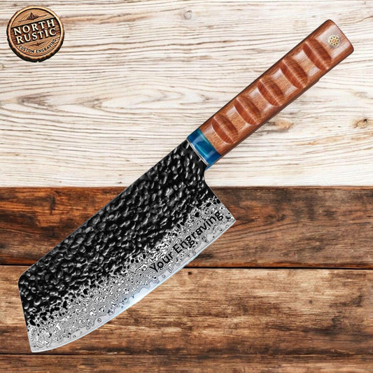 Chef Knife Hammered Damascus 8" Meat Cleaver Engraved Custom Culinary Chef Knives Gifts for Him Her Men Women Gift Cooking Cutlery KL08