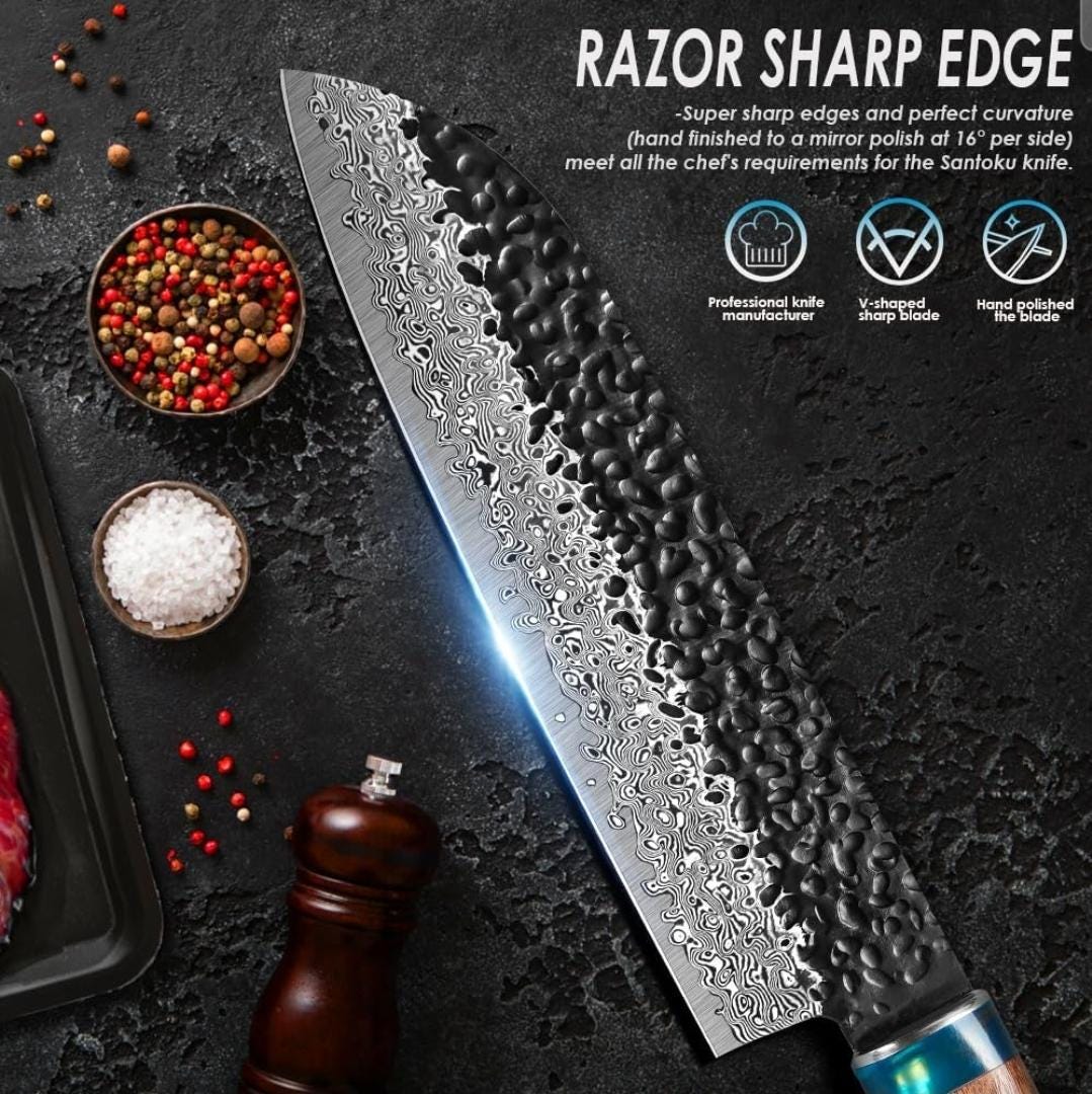 Chef Knife Hammered Damascus 8" Santoku Knife Engraved Custom Culinary Chef Knives Gifts for Him Her Men Women Gift Cooking Cutlery KL09