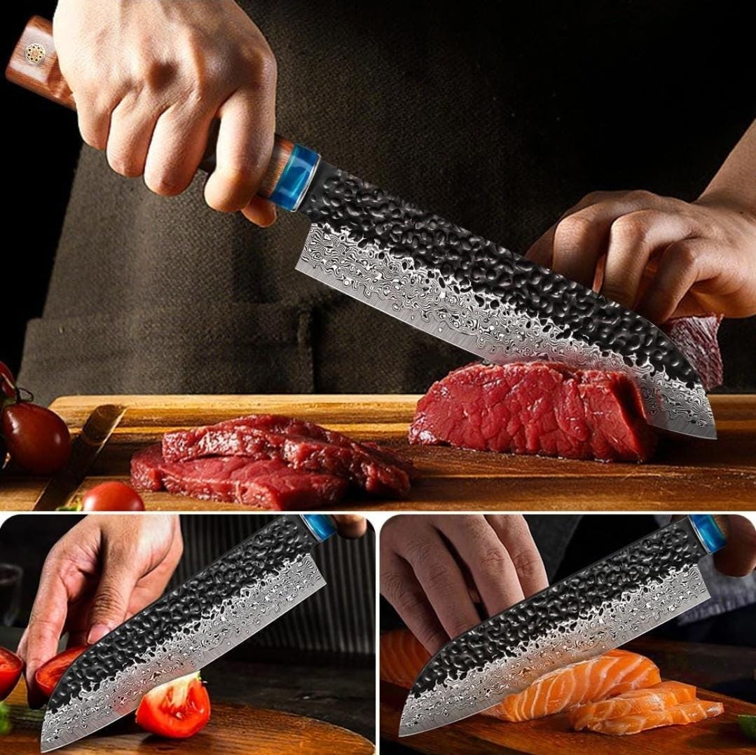Chef Knife Hammered Damascus 8" Santoku Knife Engraved Custom Culinary Chef Knives Gifts for Him Her Men Women Gift Cooking Cutlery KL09