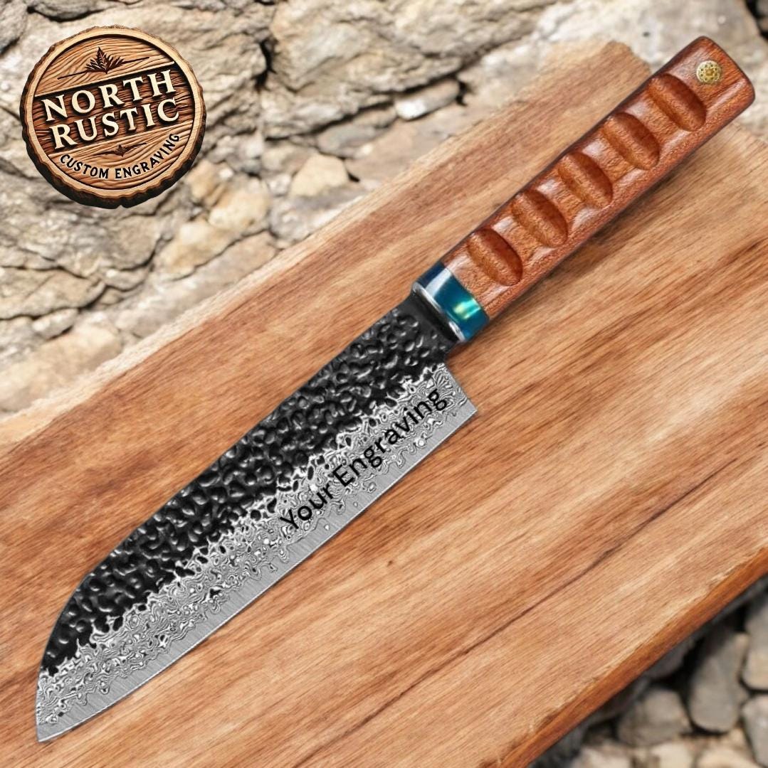 Chef Knife Hammered Damascus 8" Santoku Knife Engraved Custom Culinary Chef Knives Gifts for Him Her Men Women Gift Cooking Cutlery KL09