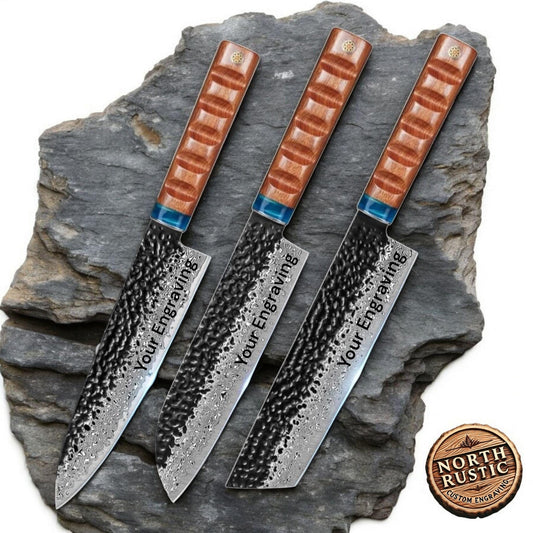 Set of 3 Chef Knives Hammered Damascus 8" Knife Engraved Custom Culinary Chef Knives Gifts for Him Her Men Women Gift Cooking Cutlery KL10