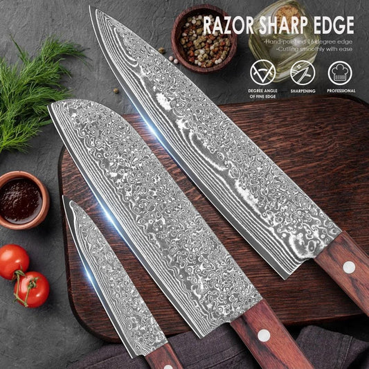 3 Pcs Chef Santoku Paring Knives Hammered Damascus Engraved Custom Culinary Chef Knife Gifts for Him Her Men Women Gift Cooking Cutlery KL12