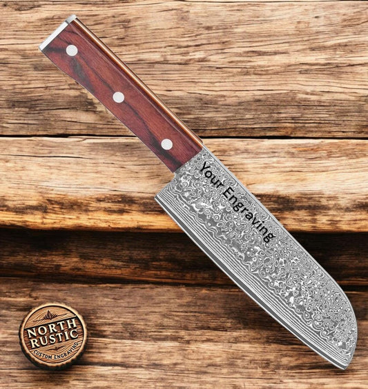 Chef Knife VG10 Damascus 8" Santoku Knife Engraved Custom Culinary Chef Knives Gifts for Him Her Men Women Gift Cooking Cutlery KL14
