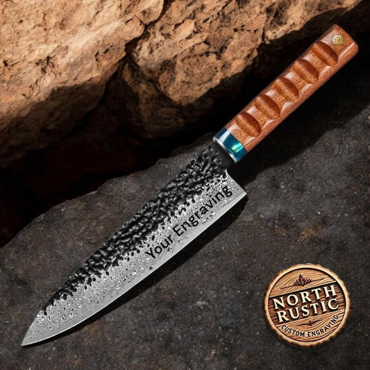 Chef Knife Hammered Damascus 8" Kitchen Knife Engraved Custom Culinary Chef Knives Gifts for Him Her Men Women Gift Cooking Cutlery KL05