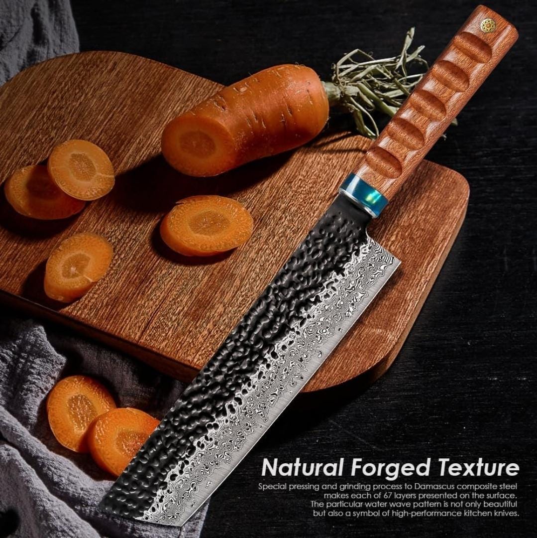 Chef Knife Hammered Damascus 8" Nakiri Knife Engraved Custom Culinary Chef Knives Gifts for Him Her Men Women Gift Cooking Cutlery KL06
