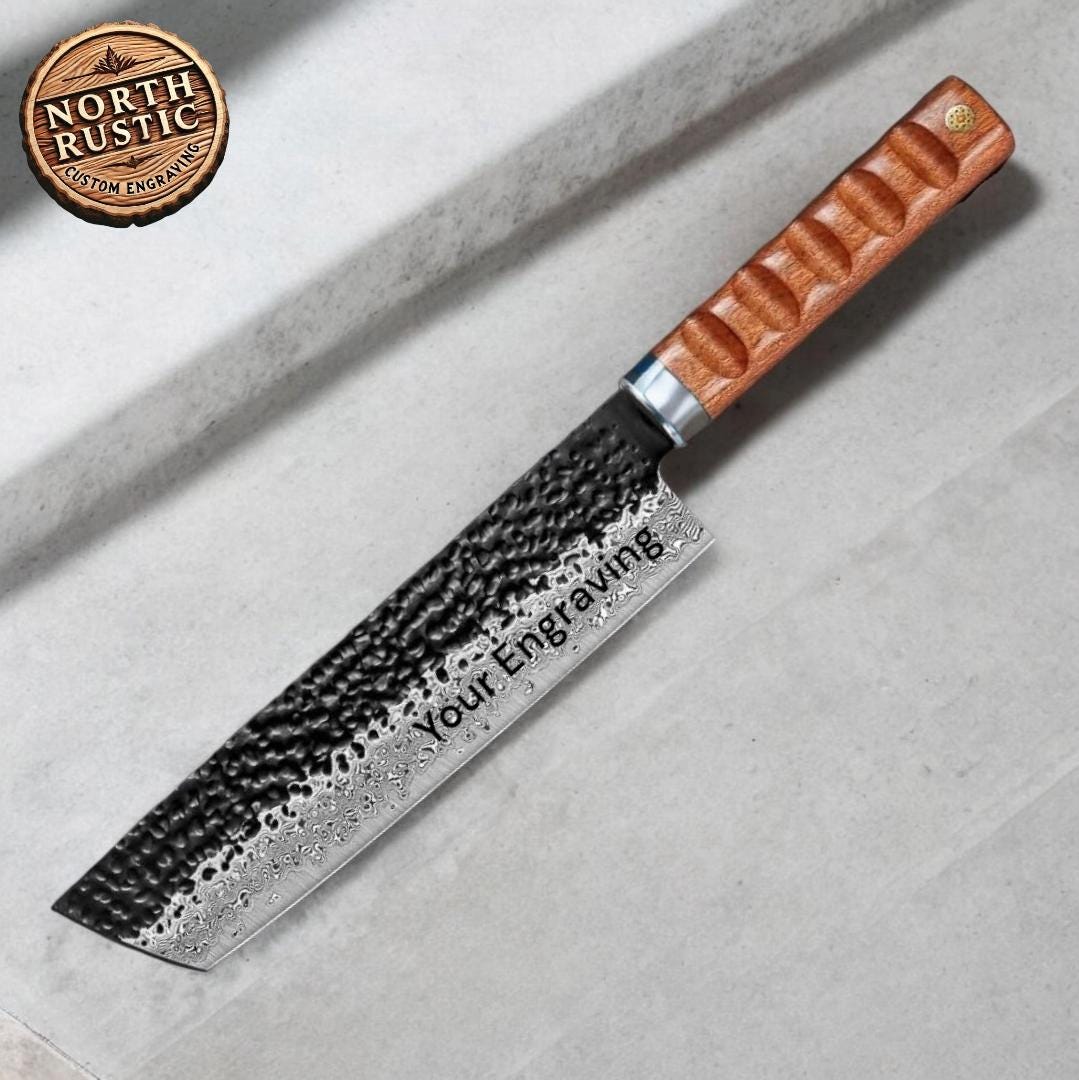 Chef Knife Hammered Damascus 8" Nakiri Knife Engraved Custom Culinary Chef Knives Gifts for Him Her Men Women Gift Cooking Cutlery KL06
