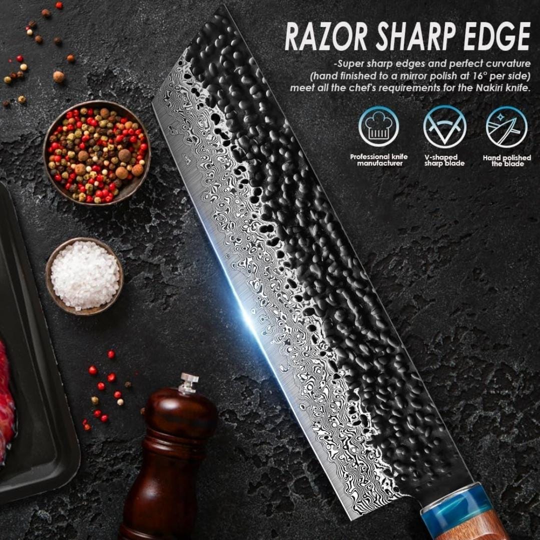 Chef Knife Hammered Damascus 8" Nakiri Knife Engraved Custom Culinary Chef Knives Gifts for Him Her Men Women Gift Cooking Cutlery KL06