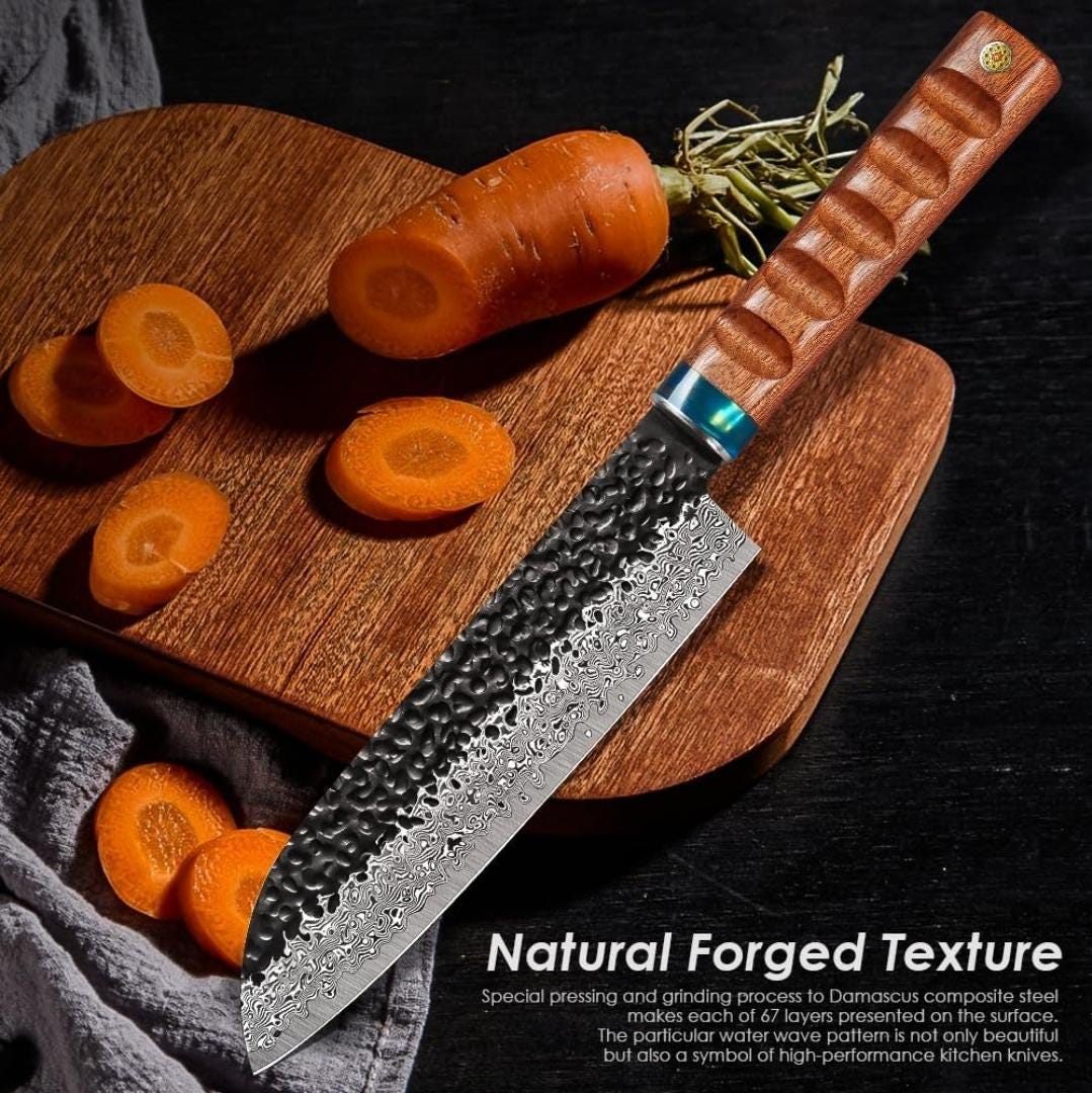 Chef Knife Hammered Damascus 8" Santoku Knife Engraved Custom Culinary Chef Knives Gifts for Him Her Men Women Gift Cooking Cutlery KL09