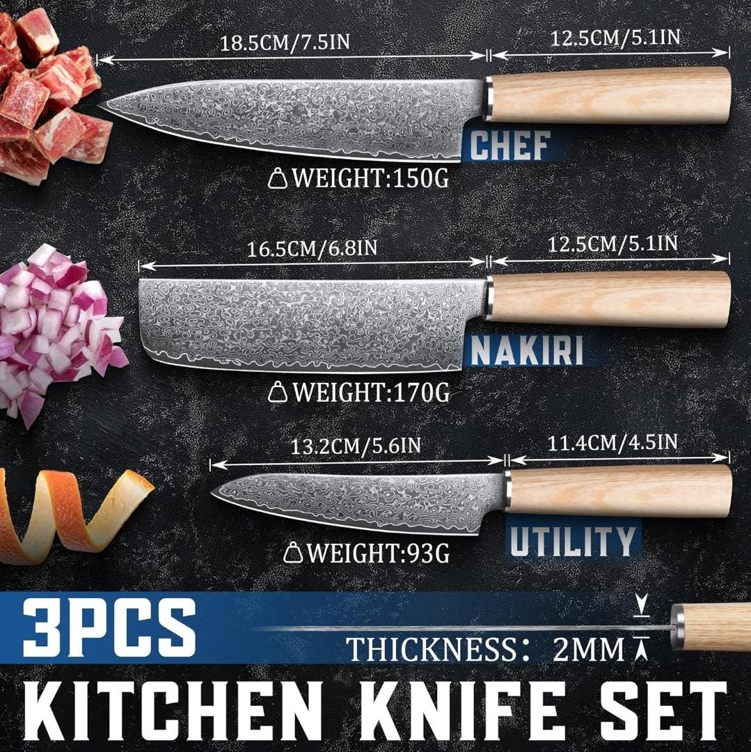 3 Pcs Set Chef Knife Nakiri Paring Damascus Kitchen Olive Wood Handle Culinary Personalized Utility Professional Knives Premium Quality KL11