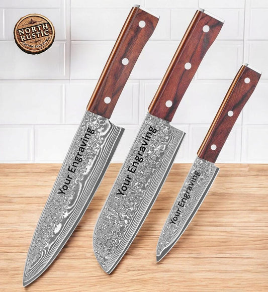 3 Pcs Chef Santoku Paring Knives Hammered Damascus Engraved Custom Culinary Chef Knife Gifts for Him Her Men Women Gift Cooking Cutlery KL12