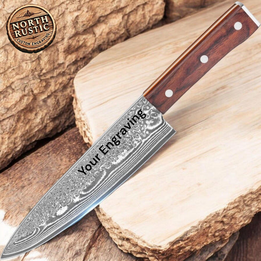 Engraved Chef Knife 8" Damascus Kitchen Knife Rose Wood Handle Culinary Personalized Utility Professional Knives Premium Quality KL13