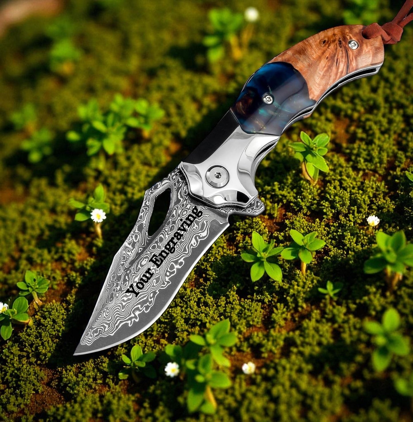Damascus 6.49" Folding Knife Resin & Maple Wood Handle