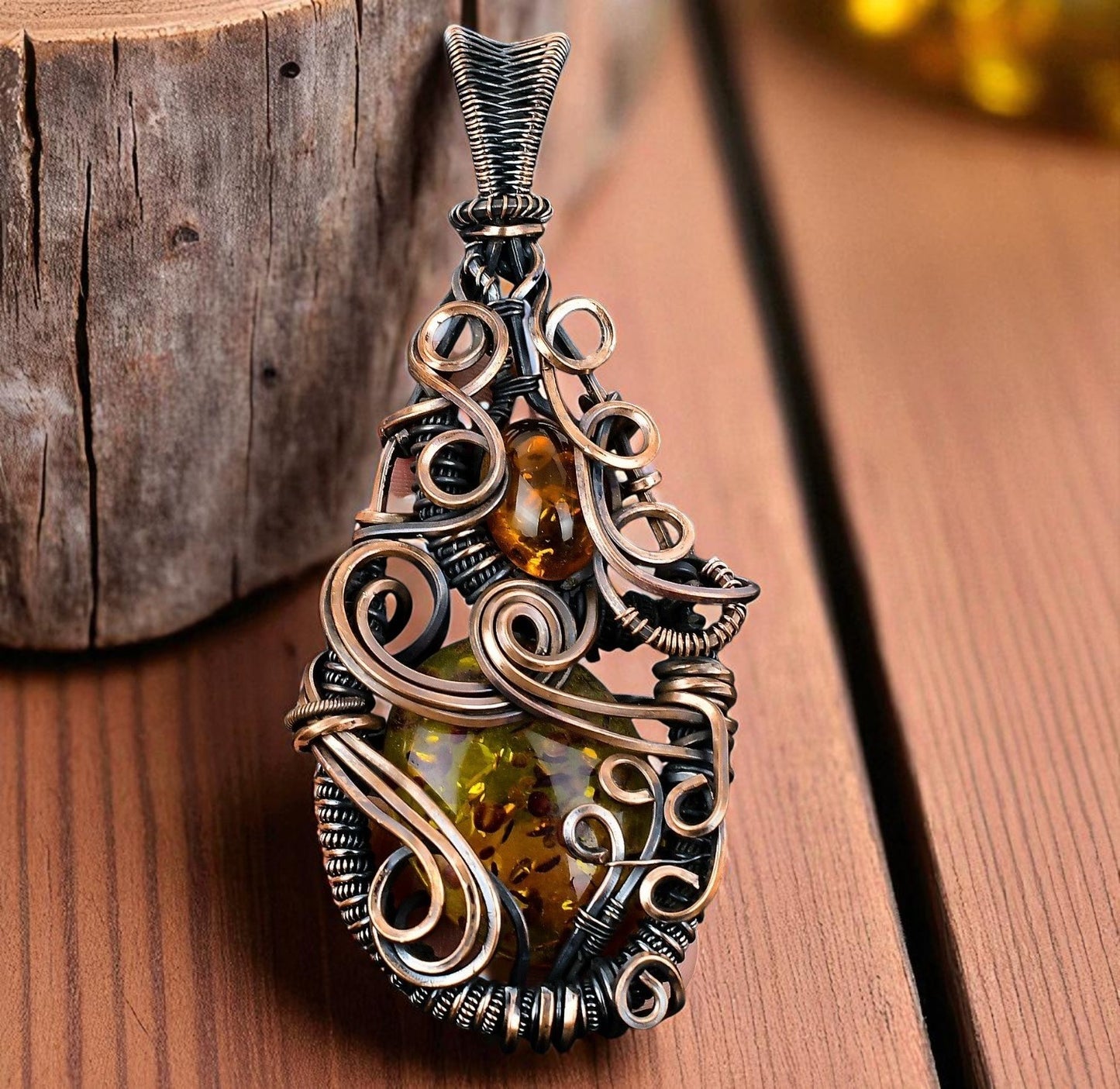 Wire Wrapped Necklace With Baltic Amber Pendant