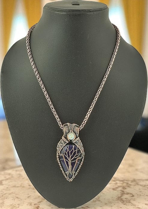 Wire Wrapped Necklace With Blue Sapphire Pendant