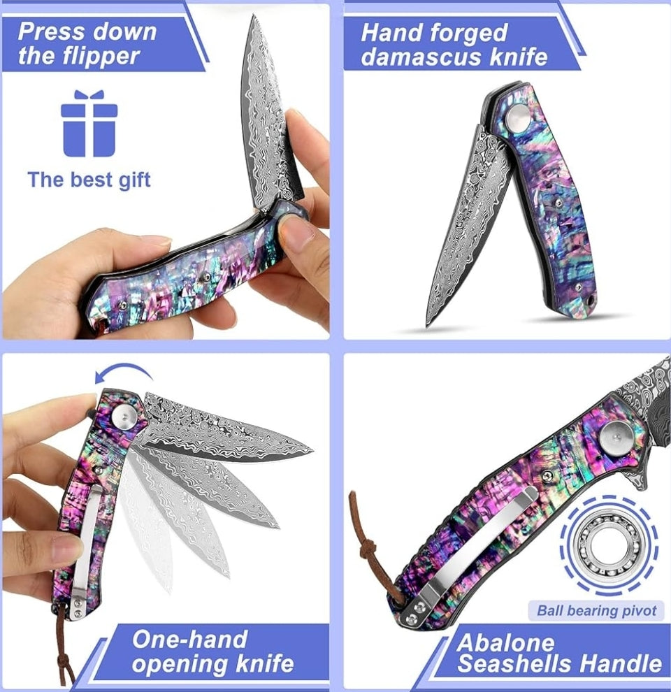 Purple Abalone Shell Handle Damascus Pocket Knife