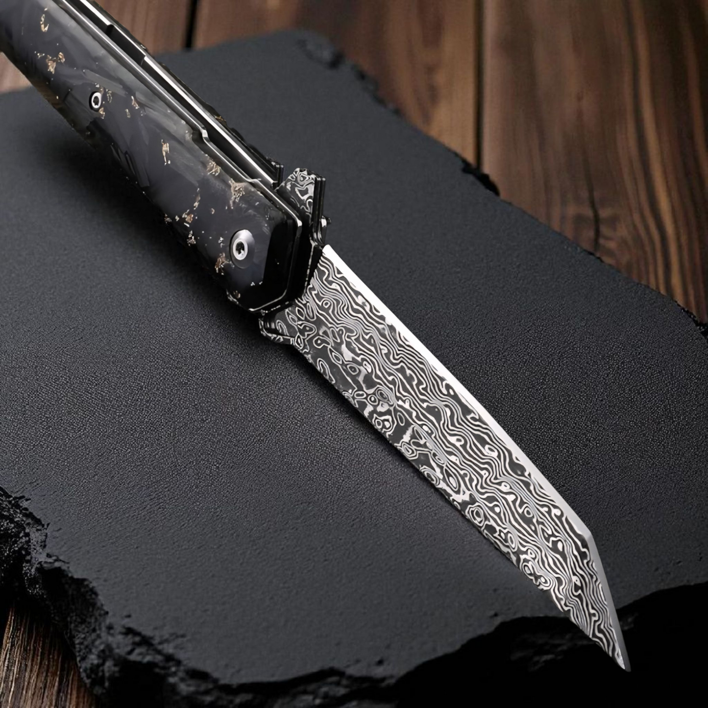 Gold Flake Engraved VG10 Damascus Pocket Knife