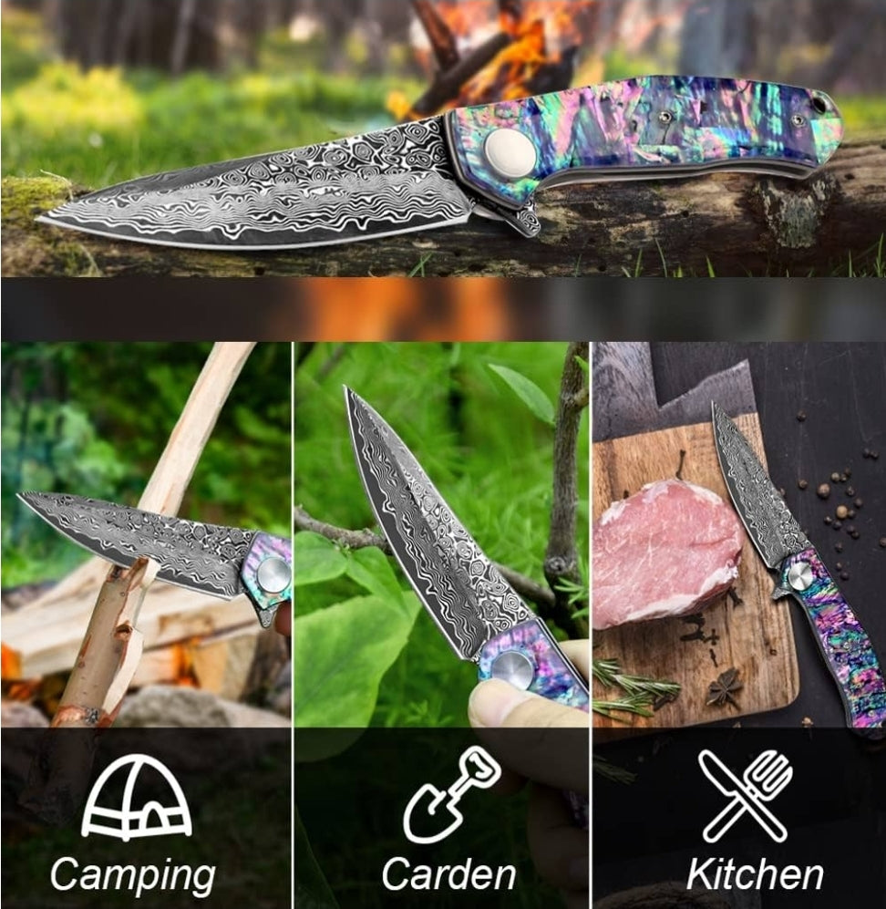 Purple Abalone Shell Handle Damascus Pocket Knife