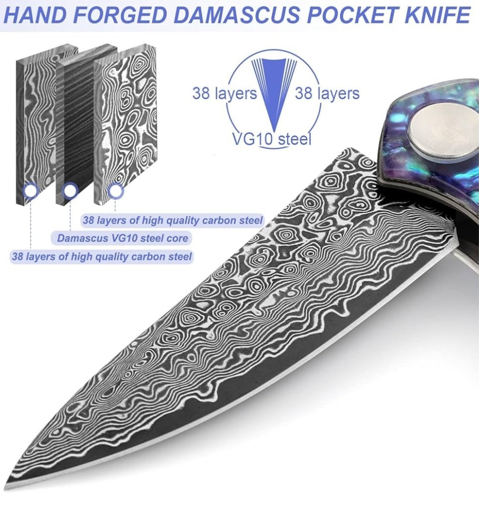 Purple Abalone Shell Handle Damascus Pocket Knife