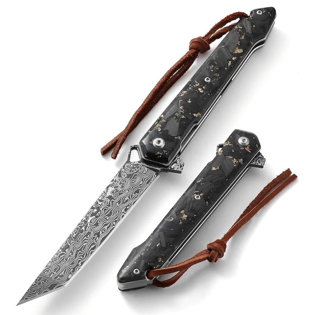 Gold Flake Engraved VG10 Damascus Pocket Knife