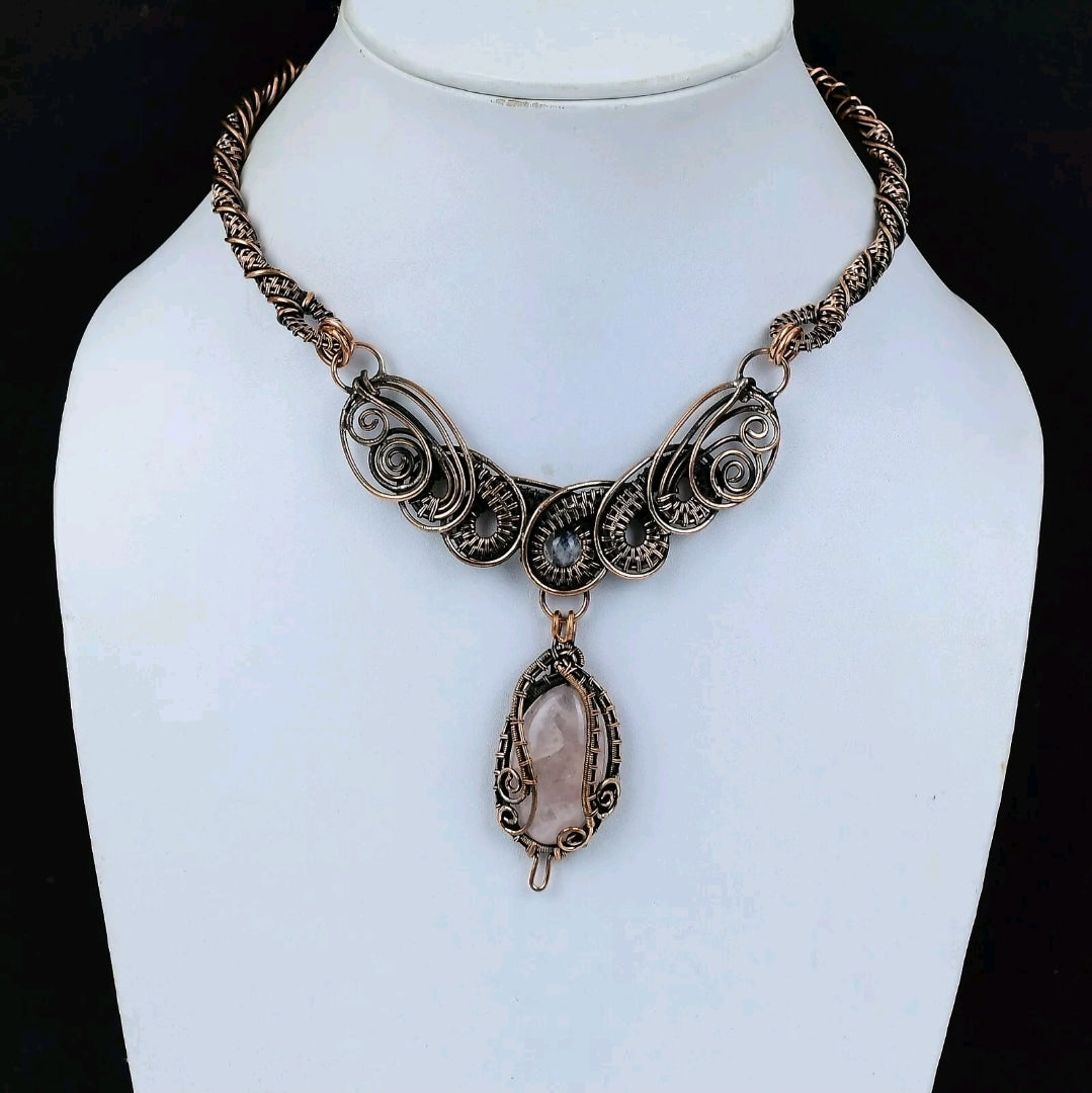 Copper Wire Wrapped Necklace with Rose Quartz Pendant
