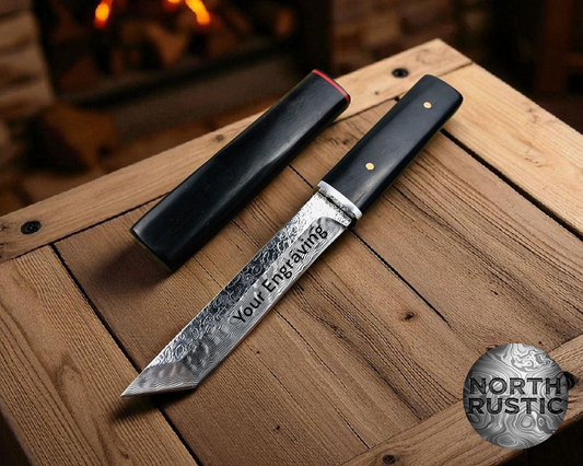 Engraved Damascus Hunting Knife, Ebony Wood Handle, Personalized VG10 Fixed Blade Knife, Personal Engraving Gift Custom Father Dad VE05